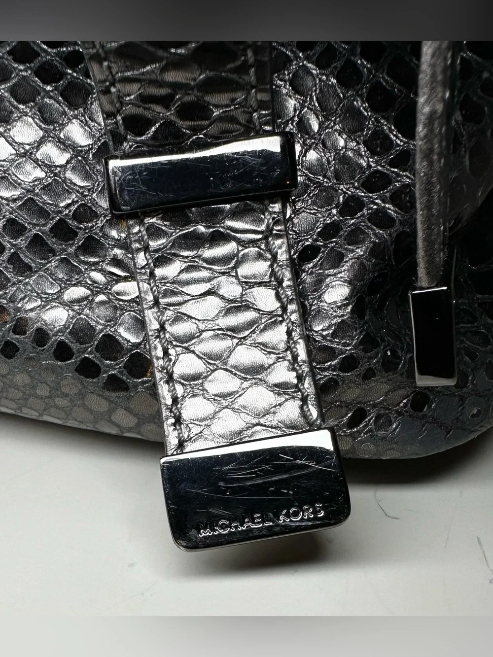 Michael Kors Glossy Black Snake-Embossed Shoulder Bag